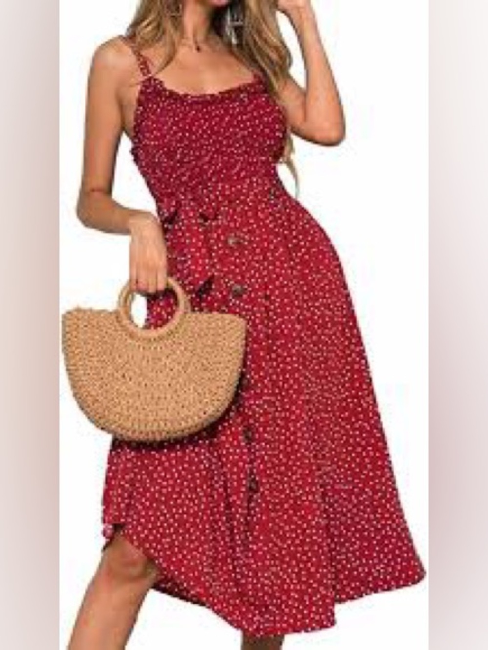 Red Polka Dot Midi Sundress with Button Front - Picture 3 of 16